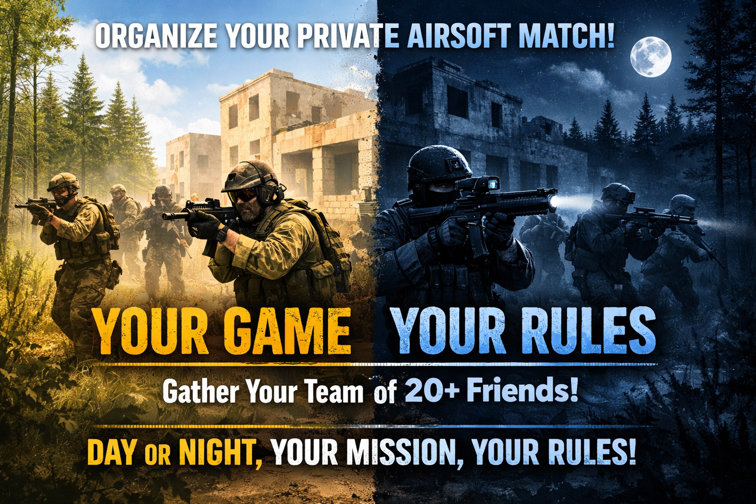 🔥 AI GAȘCA POTRIVITĂ? NOI AVEM TERENUL. Adună minimum 20 de prieteni și transformă o zi obișnuită într-un meci de airsoft creat exact cum îți dorești. Fără scenarii impuse. Fără limite. Doar adrenalină pură. 🎯 YOUR GAME. YOUR RULES. Alegi misiunea, stabilești regulile, decizi ritmul jocului. Zi sau noapte. Urban sau pădure. Tactic sau haos total. Tot ce trebuie să faci este să-ți strângi echipa… de restul ne ocupăm noi. ⚡ Locuri limitate pentru meciuri private! Rezervă data acum și creează experiența pe care o vei povesti mult timp după ultimul foc.